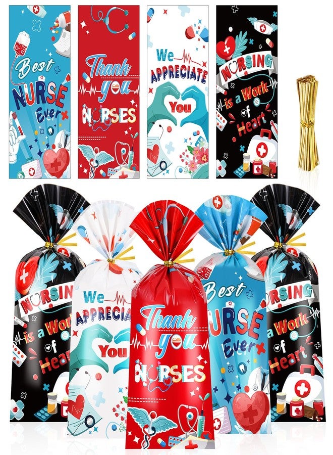 HOWAF 100pcs Nurse Day Candy Bag Bulk, Thank You Nurses Cellophane Bags for Nurse Appreciation Week Supplies, Nurses Week Gift Bags with Twist Ties for Nursing Party Medical Party - Image 1